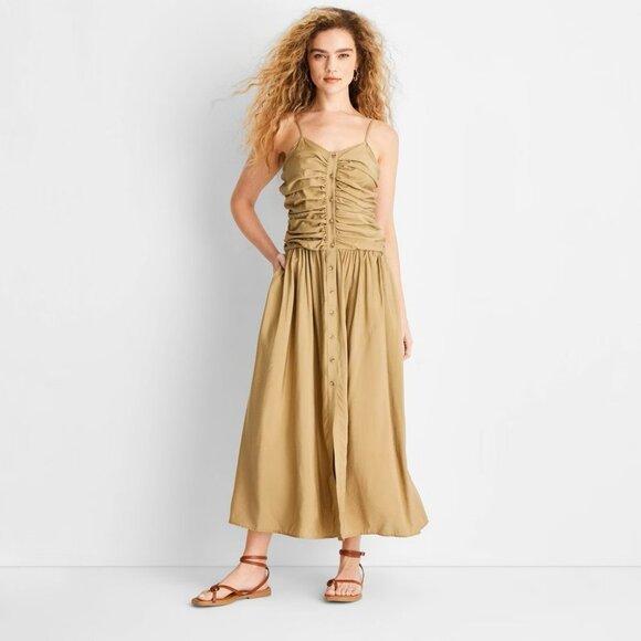 Future Collective Dresses & Skirts - Future Collective Khaki Ruched Button-Front Midi Sundress Medium